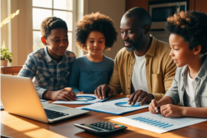 Família diversificada reunida em torno de uma mesa de jantar, analisando documentos financeiros e discutindo metas econômicas, simbolizando o planejamento financeiro familiar