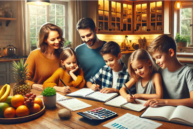 Família reunida à mesa da cozinha planejando o orçamento com cadernos e calculadora; ambiente acolhedor com iluminação quente e decoração simples que transmite organização e tranquilidade financeira.